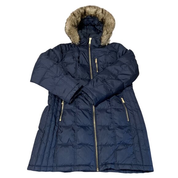 Michael Kors Jackets & Blazers - Michael Kors ,Navy Blue Hooded Puffer Jacket With Faux Fur Trimmed Hood & Gold Z